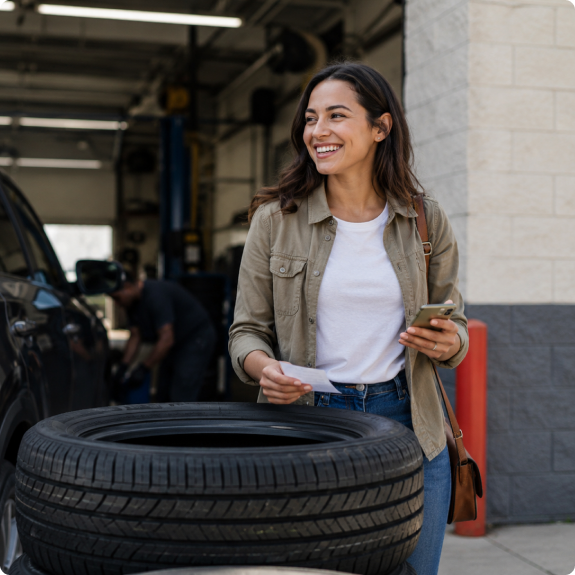 A driver next to a vehicle tire